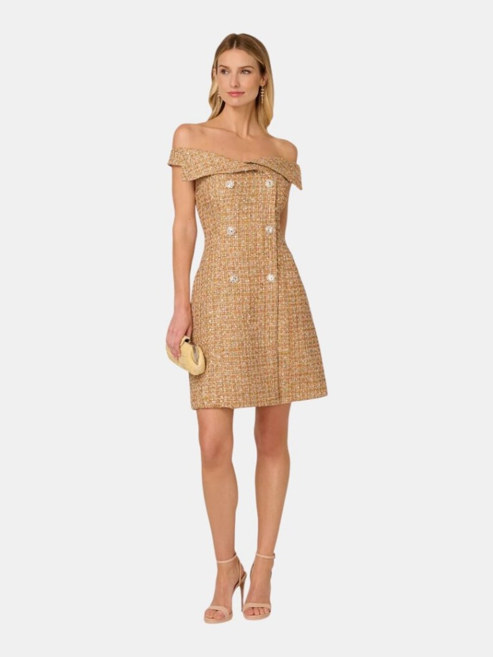 NWT ADRIANNA PAPELL WOMEN'S SHAWL TWEED OFF-THE-SHOULDER SHORT DRESS  SIZE 14